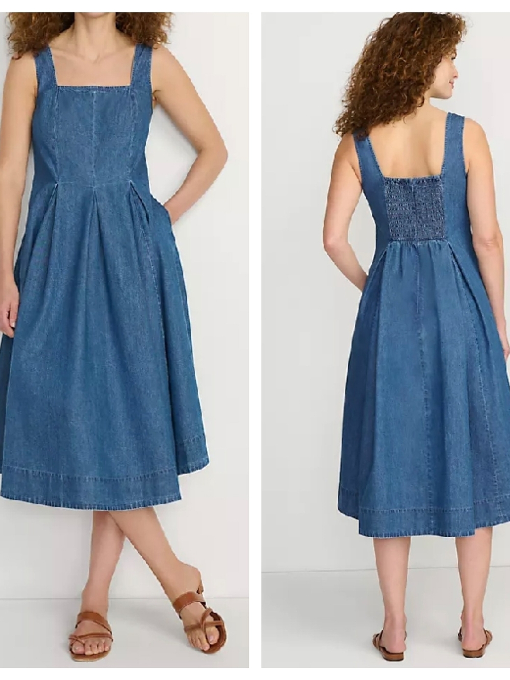 NWT Lands End Pleated Square Neck Lima Blue Denim Sundress